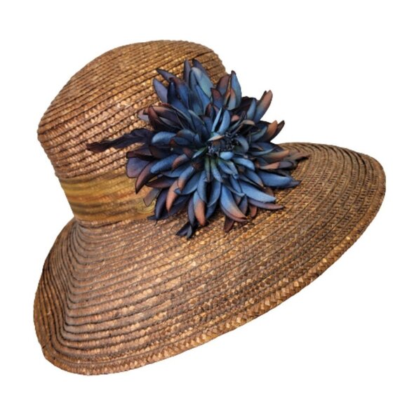 Brown Wide Brim Hat Light Braided Hat With Large Blue Flower Accent NEW! - Picture 5 of 11